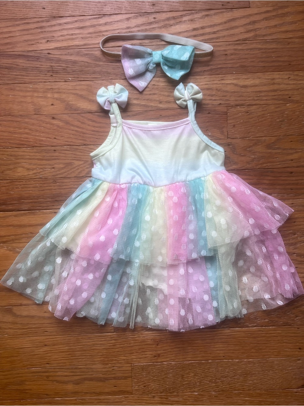 Baby Girl Pastel Rainbow Polka Dot Tulle Dress with Bow Headband size 3-6 month